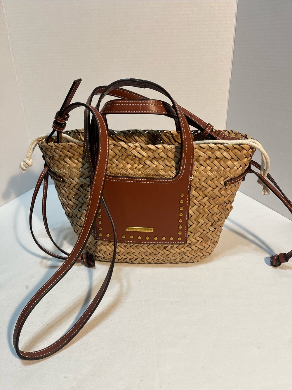House of Harlow 1960 Woven Straw Crossbody with Brown Leather